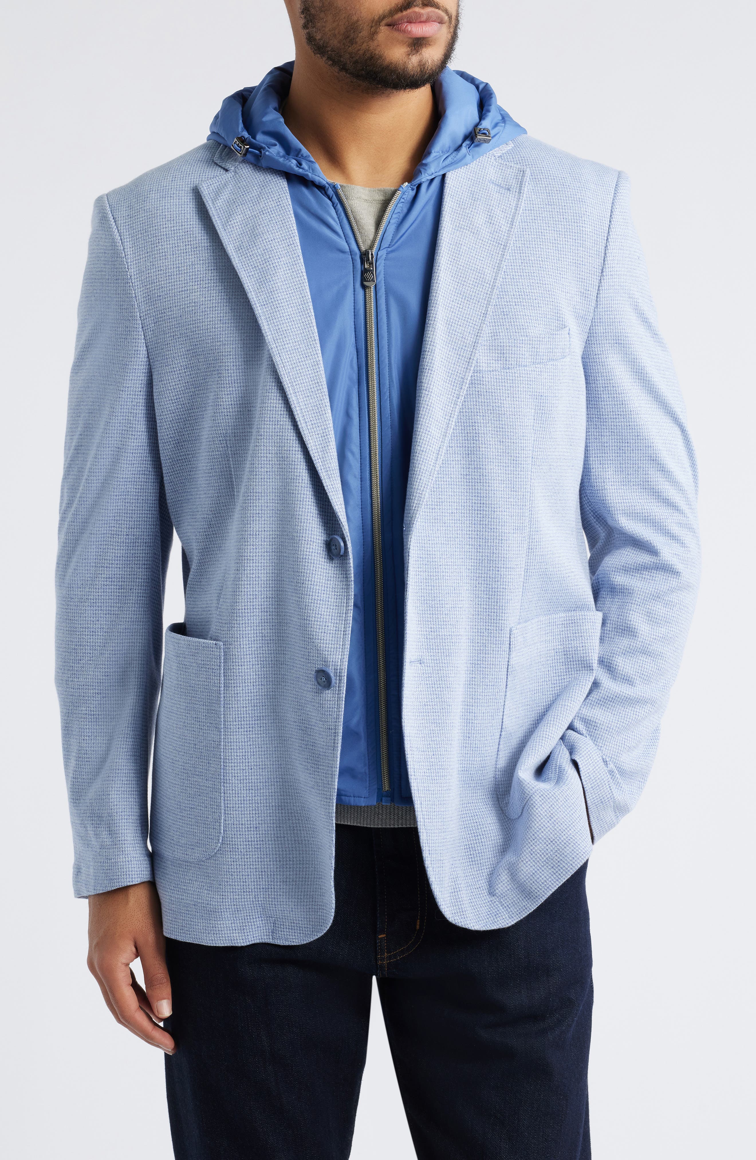 XC Flex Microcheck Knit Sport Coat with Removable Hooded Bib