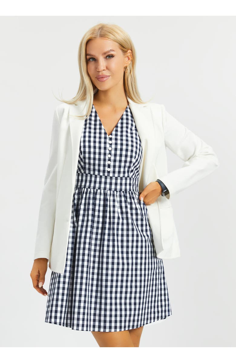 Betabrand Gingham Fit and Flare Dress, Alternate, color, Navy