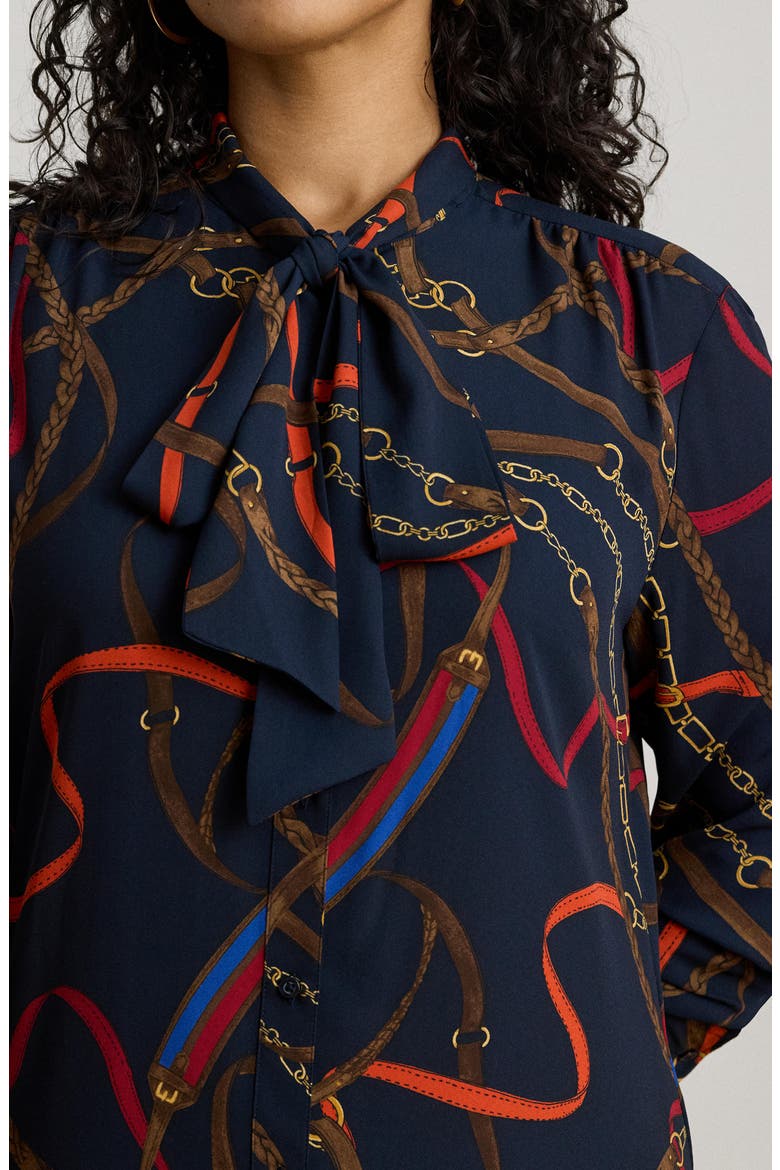 Chain Print Tie Waist Long Sleeve Crepe Shirtdress, Alternate, color, NAVY MULTI