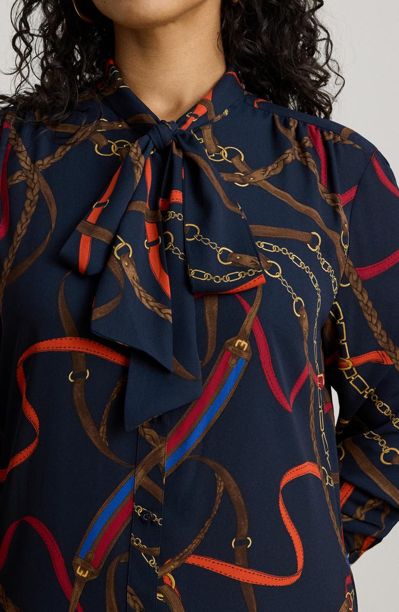 Lauren Ralph Lauren Chain Print Tie Waist Long Sleeve Crepe Shirtdress, Alternate, color, Navy Multi