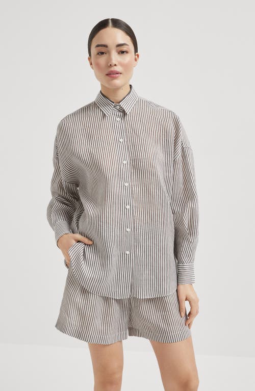 Brunello Cucinelli Bordeaux Stripe Linen-cotton Blend Shirt In Pink