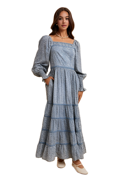 Long-Sleeve Tiered Square Neck Maxi Dress