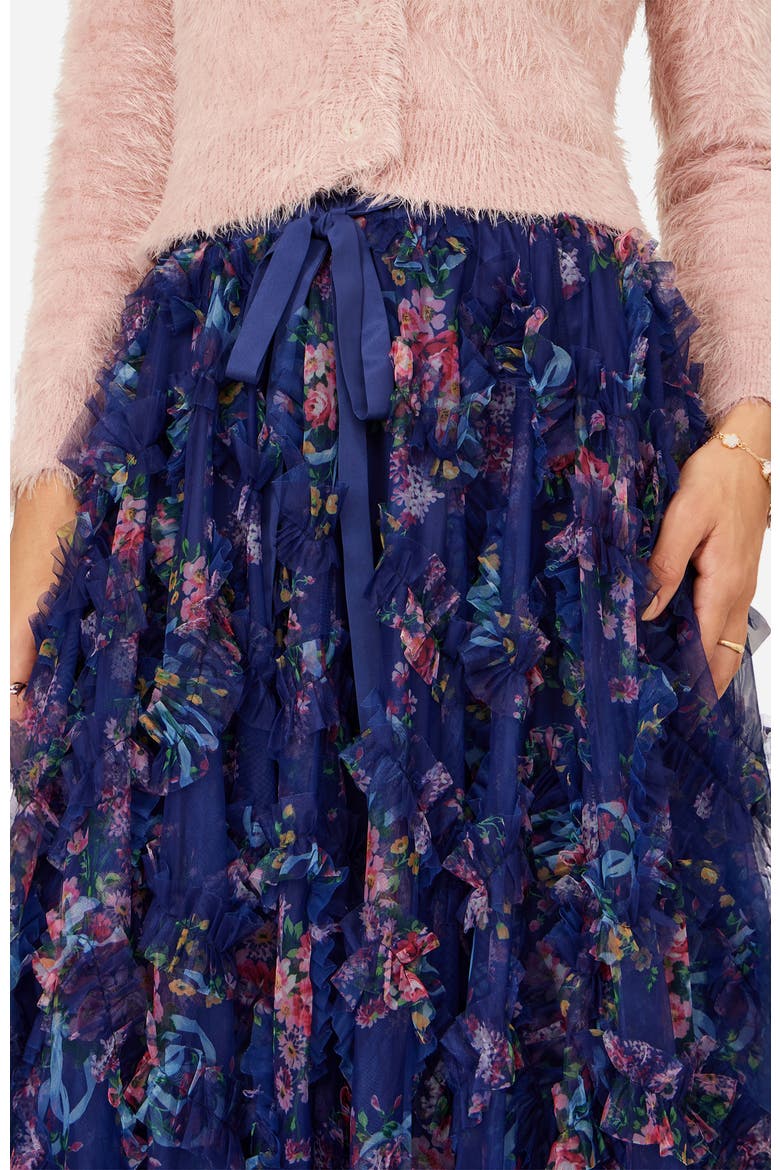 Floral Ruffle Mesh Midi Skirt, Alternate, color, Navy