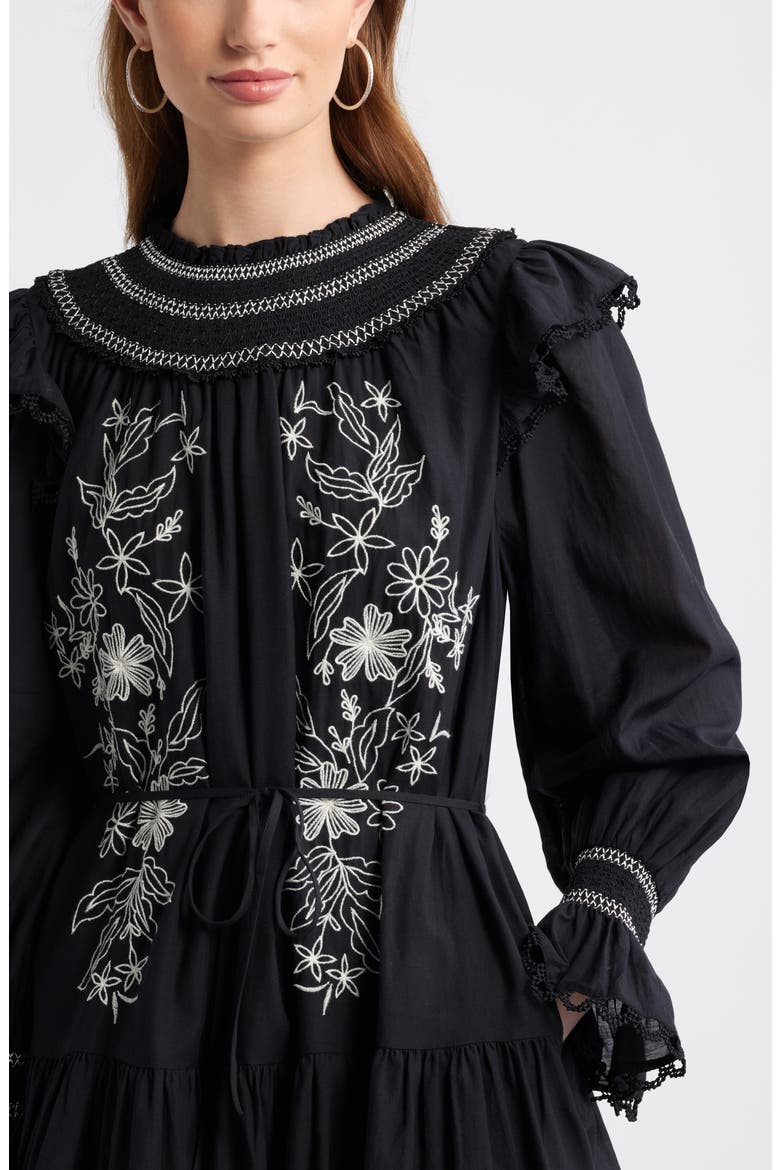 Smocked Embroidered Long Sleeve Minidress, Alternate, color, BLACK-IVORY EMBROIDERED FLORAL