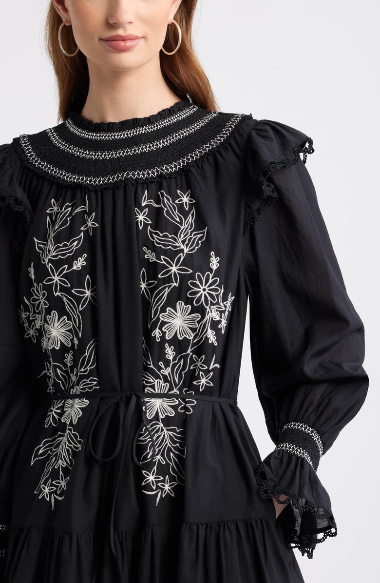Treasure & Bond Smocked Embroidered Long Sleeve Minidress, Alternate, color, Black-Ivory Embroidered Floral