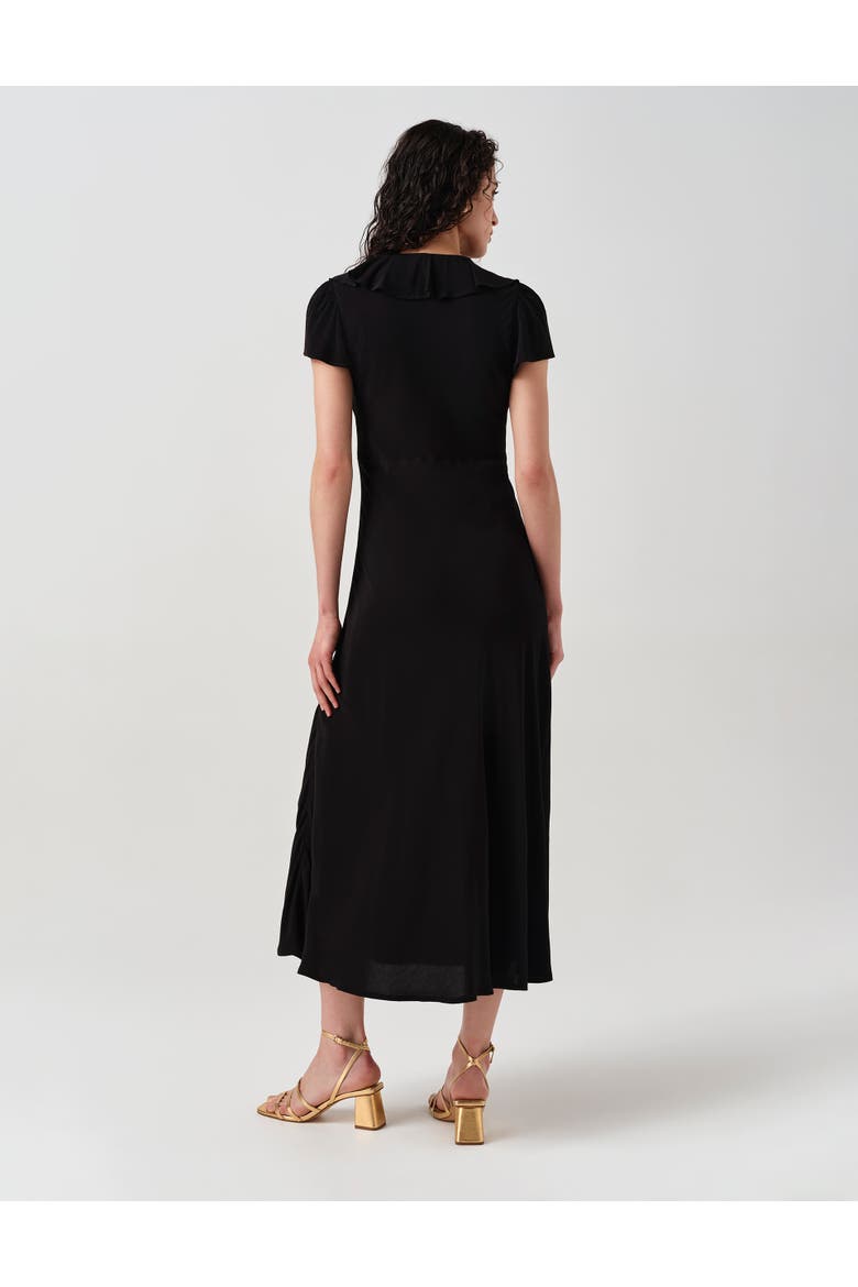Kimmy Frill Neck Crepe Midi Dress, Alternate, color, Black