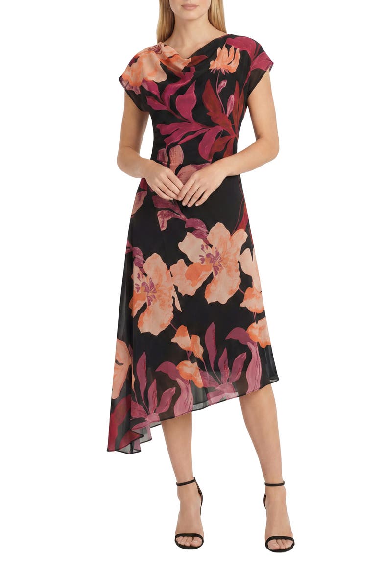 Asymmetrical Cap Sleeve Floral Midi Dress, Main, color, BLACK ONYX/ SCARLET