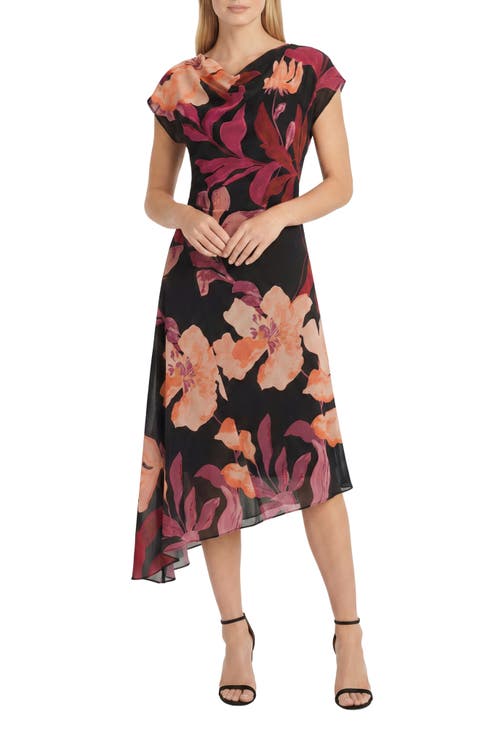 Asymmetrical Cap Sleeve Floral Midi Dress