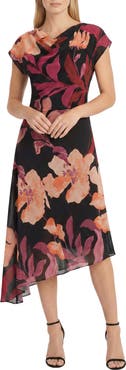Maggy London Asymmetrical Cap Sleeve Floral Midi Dress