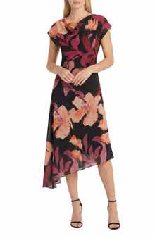 Asymmetrical Cap Sleeve Floral Midi Dress