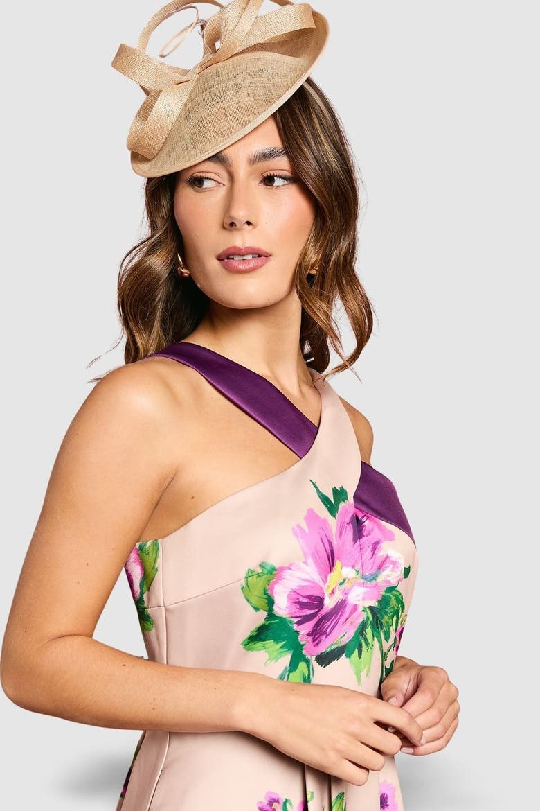 Printed Cross Neck Satin Midi Dress, Alternate, color, Purple
