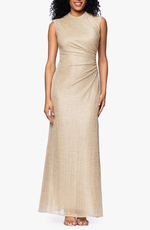 Ruched Sleeveless Crinkled Metallic Column Gown