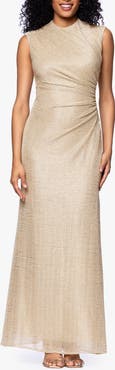 Betsy & Adam Ruched Sleeveless Crinkled Metallic Column Gown