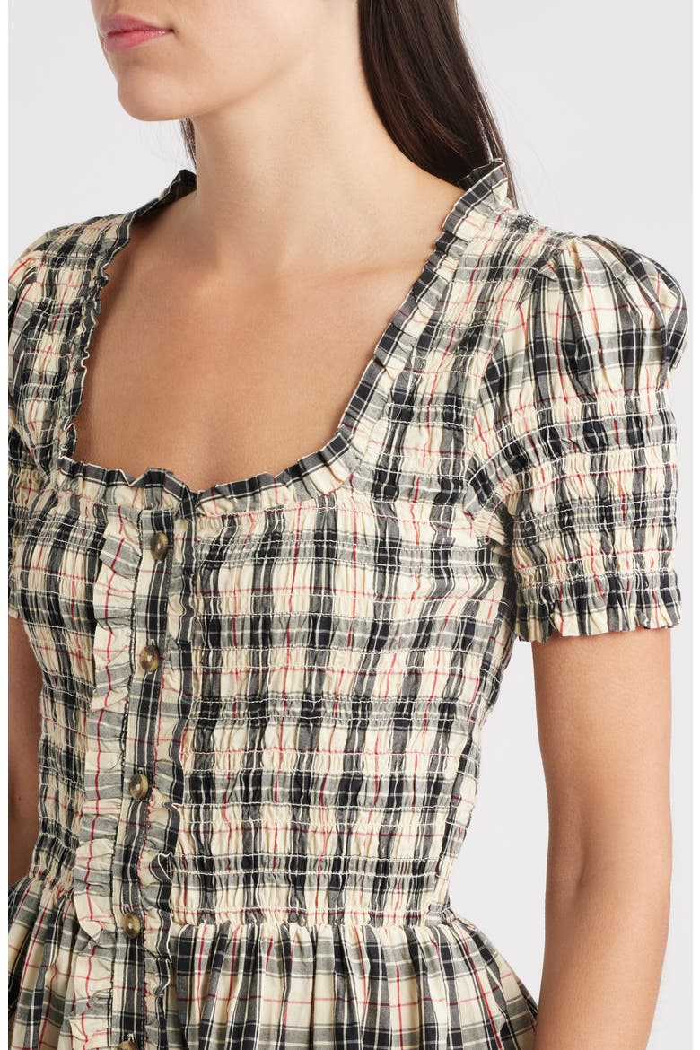 Mansi Check Organic Cotton Minidress, Alternate, color, BUTTER