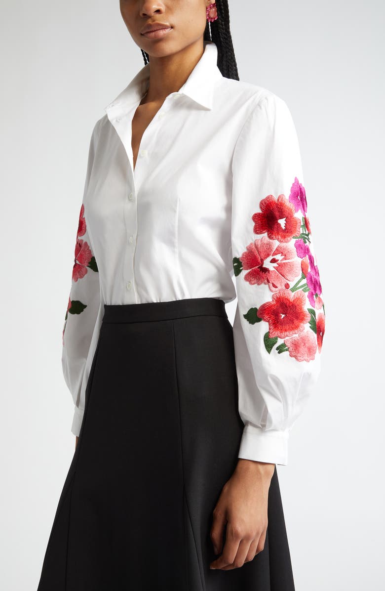 Carolina Herrera Floral Embroidered Stretch Cotton Button-Up Shirt, Alternate, color, 
