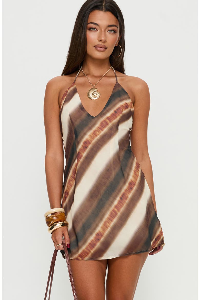 Esmira Plunge Halter Minidress, Alternate, color, BROWN STRIPE