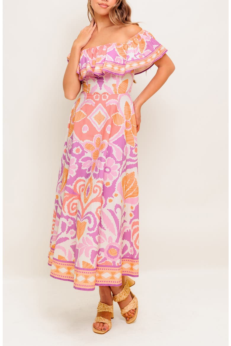 Floral Off the Shoulder Midi Dress, Alternate, color, LAVENDER/ CORAL