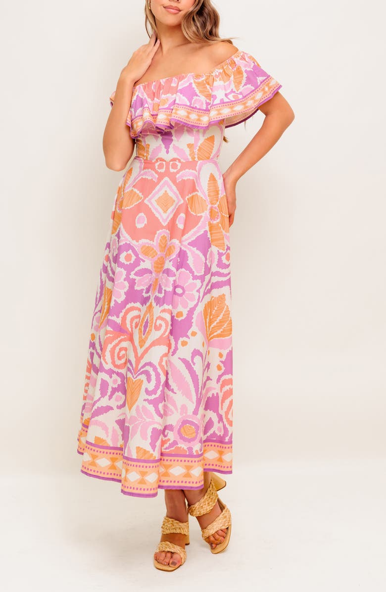 FLYING TOMATO Floral Off the Shoulder Midi Dress, Alternate, color, Lavender/ Coral