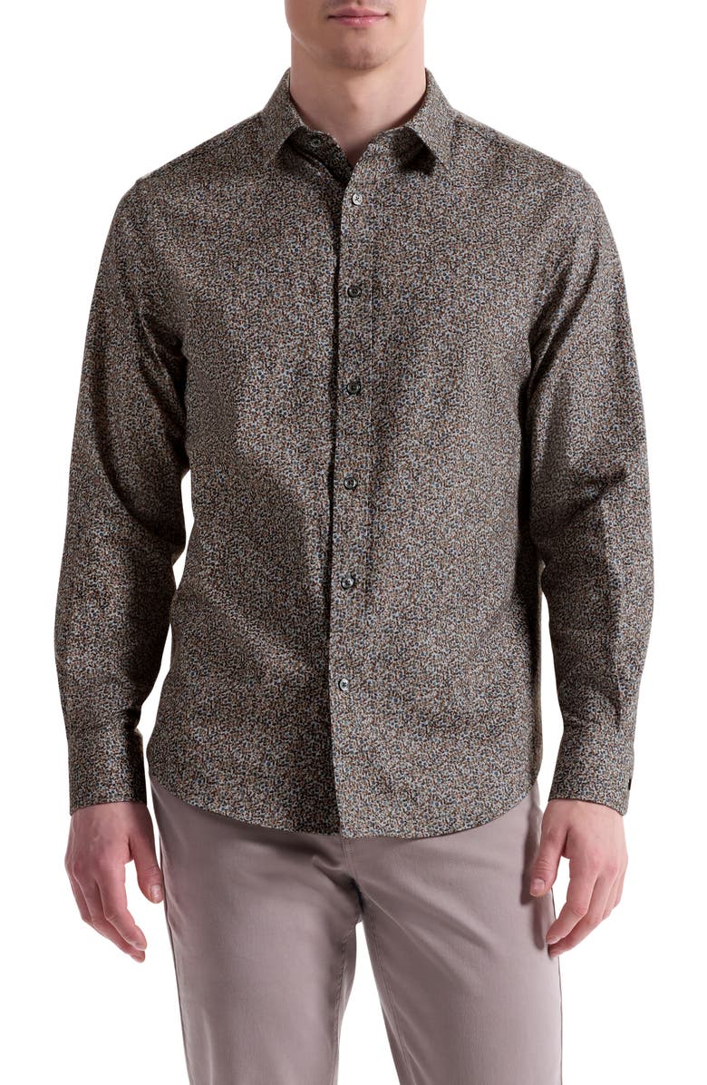 Bugatchi Julian Shaped Fit Leaf Print Cotton Button-Up Shirt, Main, color, Sienna