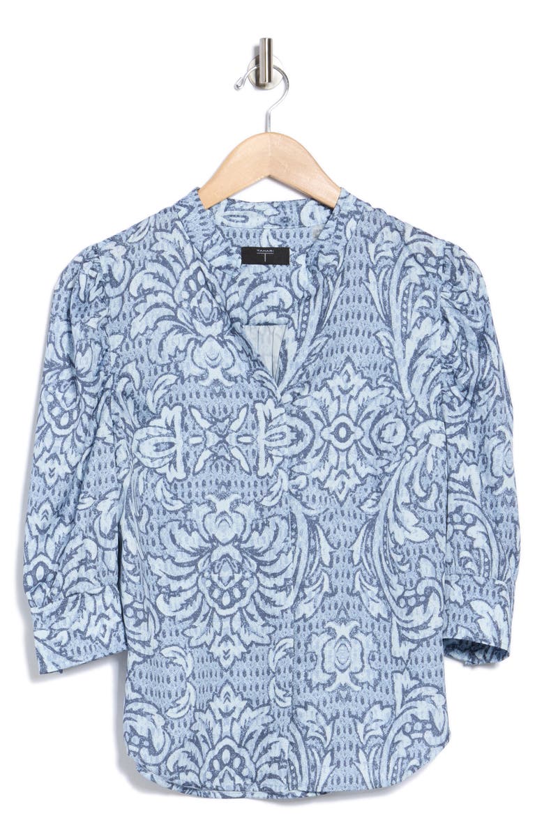 T Tahari Ruched Split Neck Top, Alternate, color, Abstract Scroll