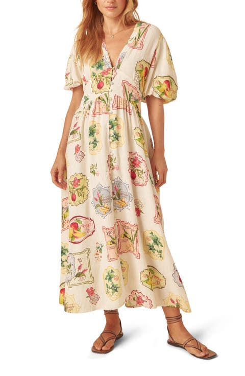 Starlight Printed Puff Sleeve Linen Blend Midi Dress