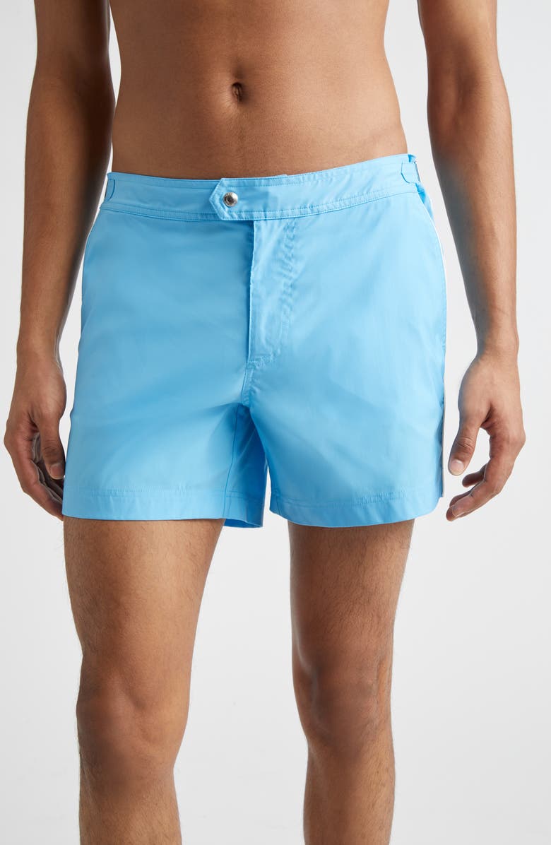 TOM FORD Microcompact Poplin Swim Trunks, Main, color, Combo Light Blue/ White
