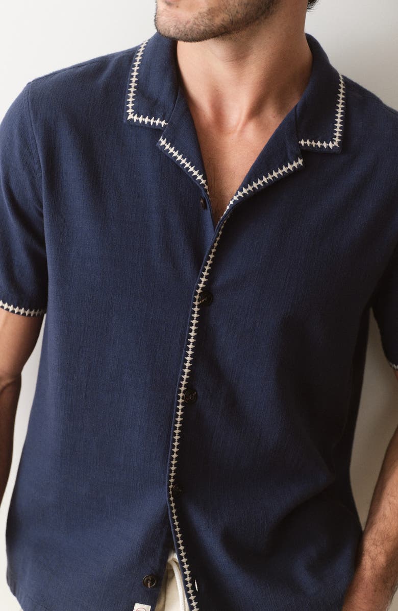 Marine Layer Embroidered Slub Cotton Camp Shirt, Alternate, color, India Ink