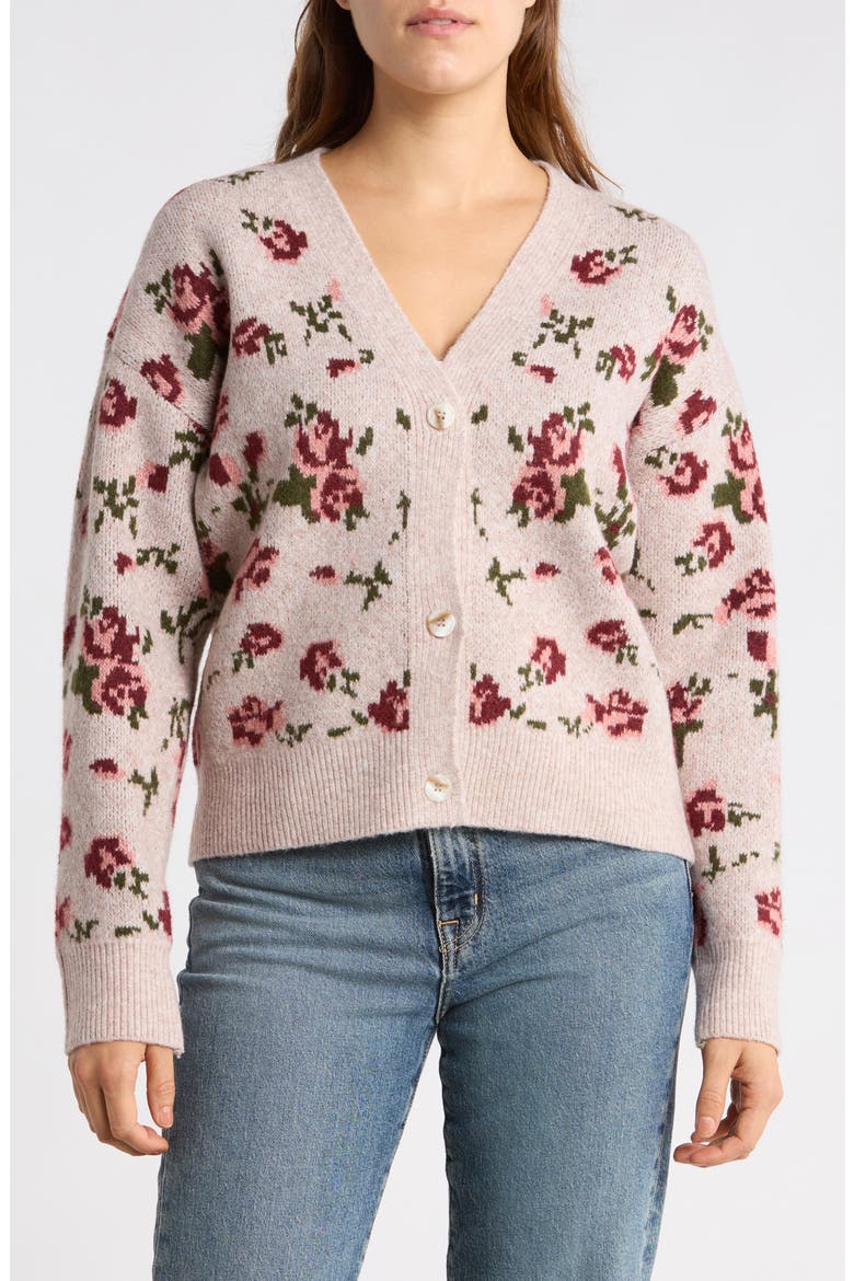 Floral Jacquard Cardigan, Main, color, OATMEAL / BURGUNDY