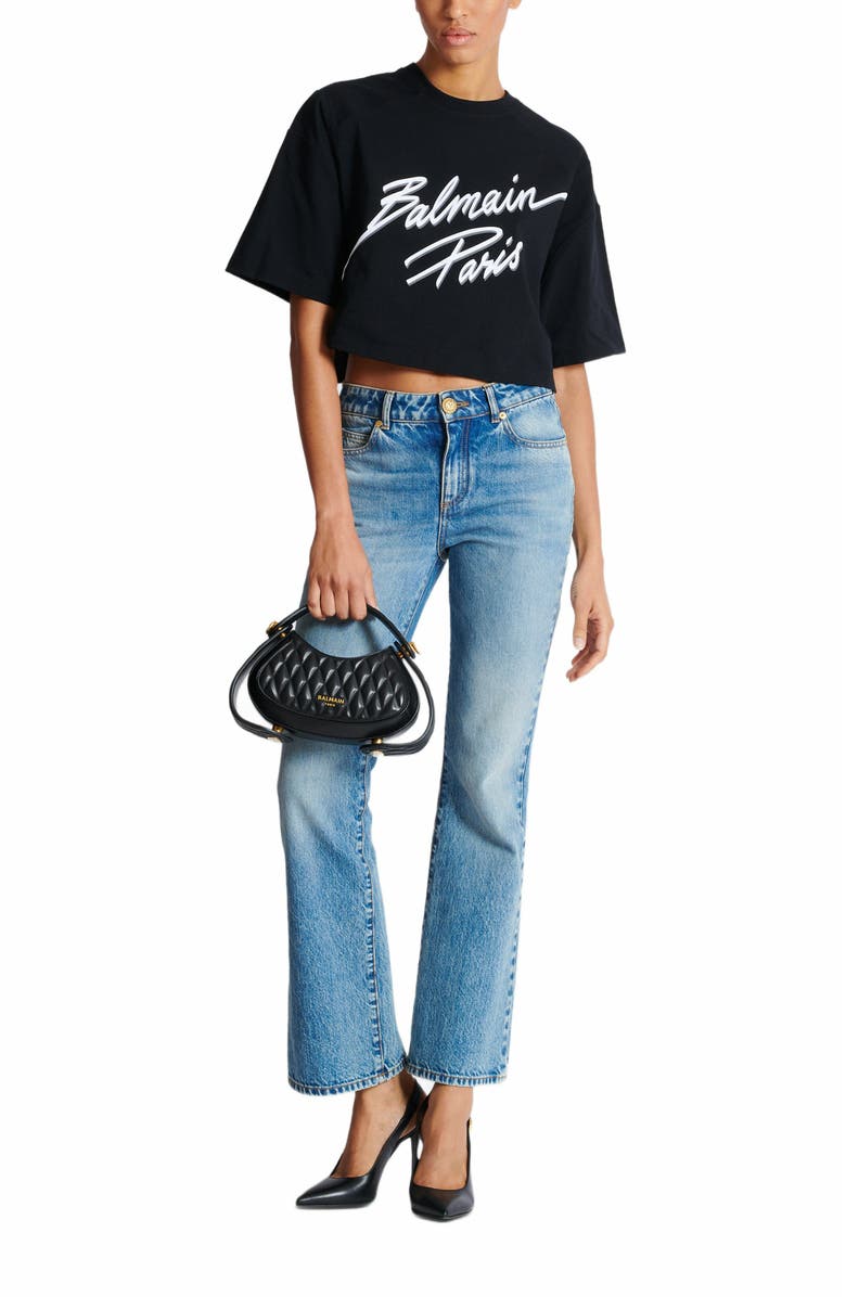 Balmain Cropped T-Shirt With Flocked Balmain Letter Logo, Alternate, color,