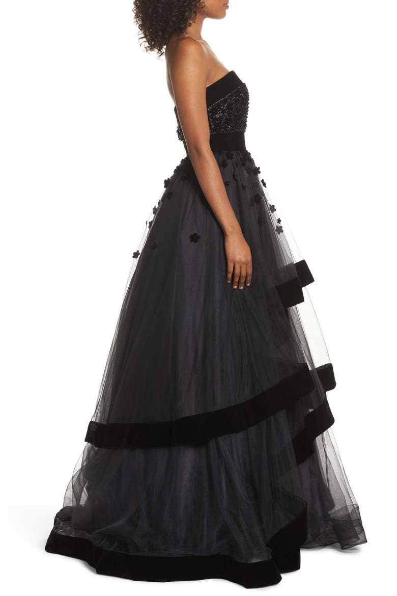 Beaded Strapless Tiered Ballgown, Alternate, color, BLACK