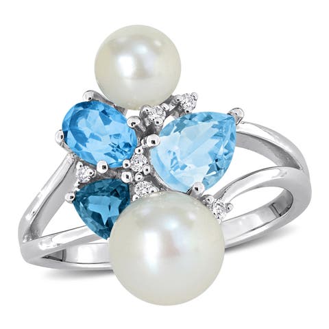Pearl Blue Topaz & Diamond Cluster Ring 14k
