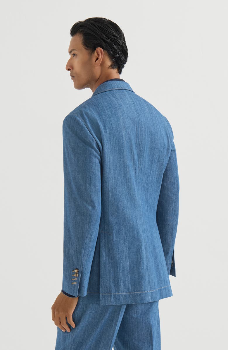 Brunello Cucinelli Lightweight denim deconstructed peak-lapel blazer with patch pockets, Alternate, color, Medium Denim