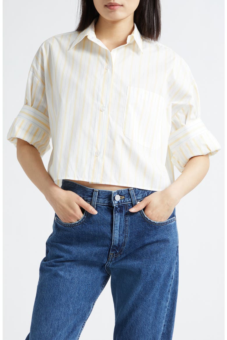 Next Ex Stripe Button Front Shirt, Main, color, IVORY / YELLOW / BLUE