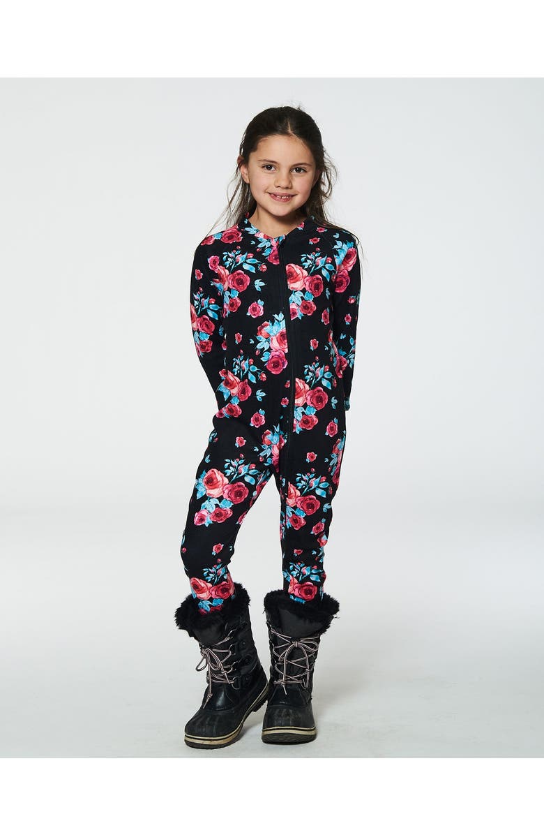 Deux par Deux Little Girl's One Piece Thermal Underwear Black Printed Roses, Alternate, color, Printed Roses