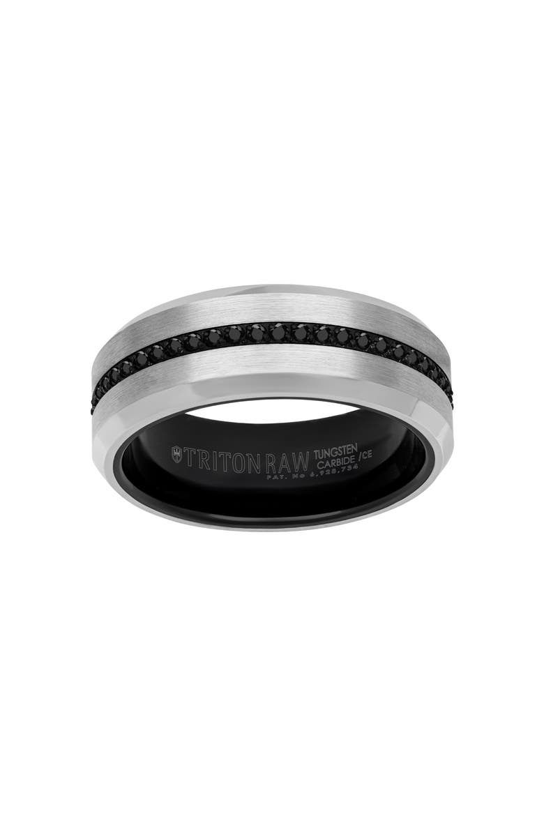 8MM Tungsten Carbide Ring with Eternity Black Sapphires and Beveled Edge, Alternate, color, Metallic Silver