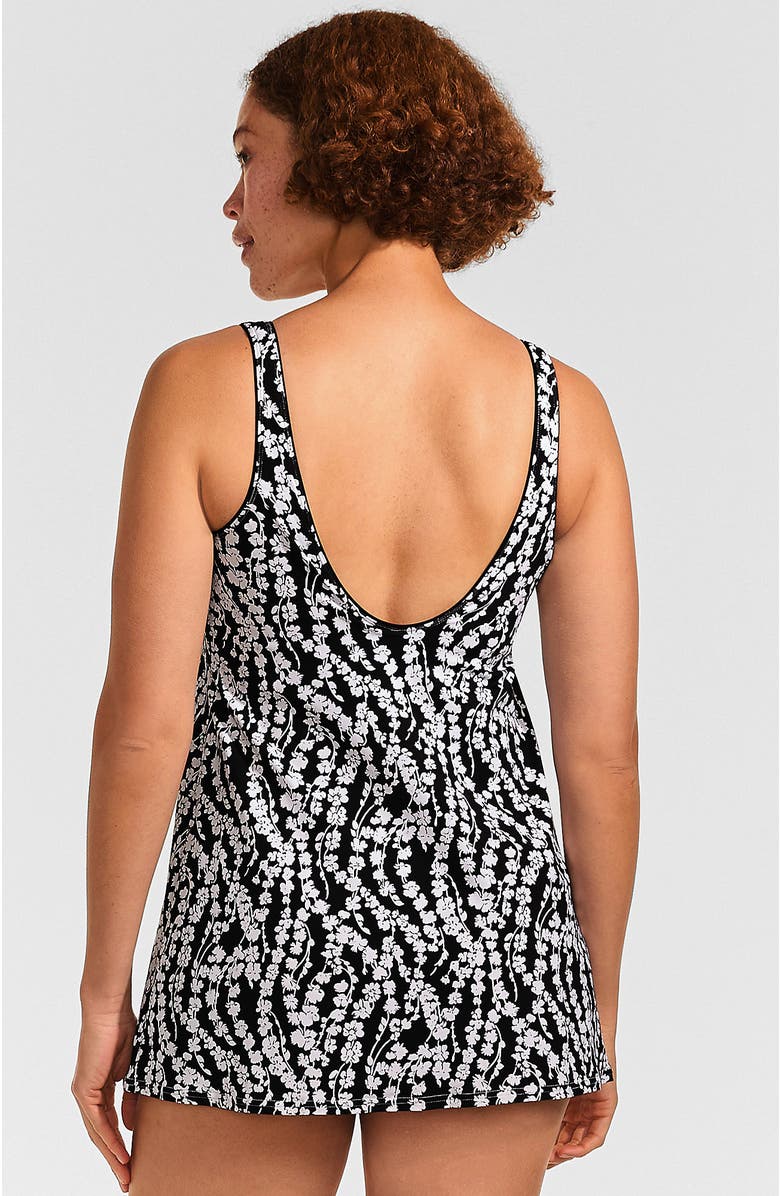 Lands' End Plus Size Scoop Neck Mini Swim Dress Swimsuit, Alternate, color, Black/White Vine Floral