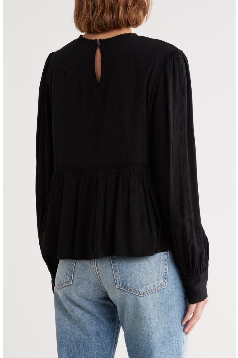 Lace Trim Long Sleeve Peplum Top, Alternate, color, BLACK