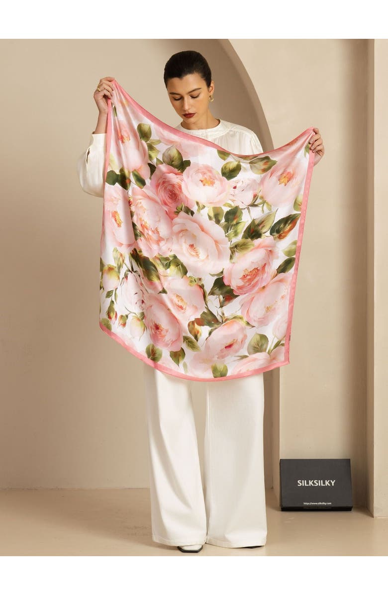 SILKSILKY Pure Silk Pink Floral Print Square Scarf, Alternate, color, Multi