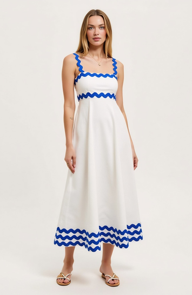 Modenaire Scalloped Strap Wave Trim A-Line Maxi Dress, Main, color, White / Blue Wave