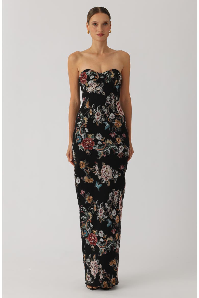 Maren Strapless Floral Jacquard Cotton Blend Column Gown, Alternate, color, BLACK MULTI