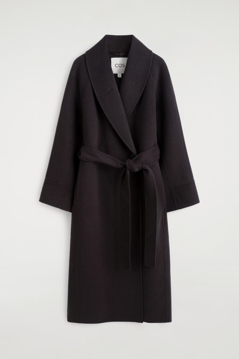 Shawl-Collar Double-Faced Wool Long Coat, Alternate, color, DARK BROWN