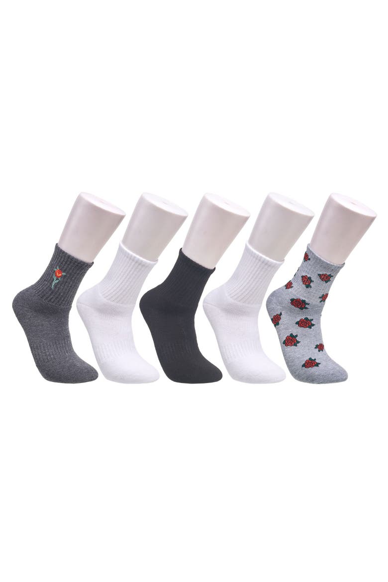 Rose Print Full Cushion Mid Crew Sock 5 Pack, Main, color, Charcoal Black