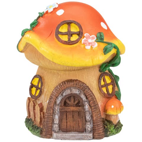 6.25" Orange Mushroom House Outdoor Garden Statue