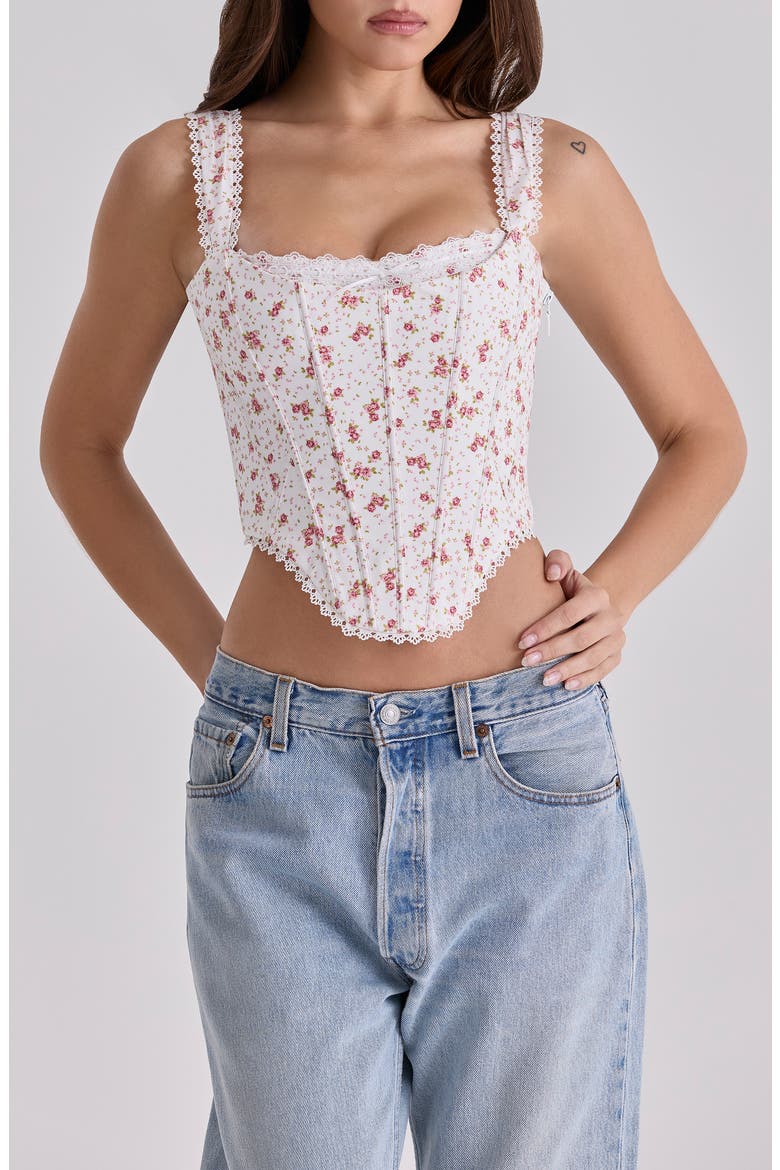 Adina Floral Lace Trim Stretch Cotton Corset Top, Alternate, color, WHITE ROSE