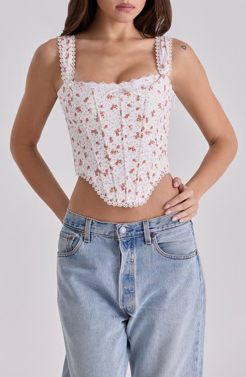 Adina Floral Lace Trim Stretch Cotton Corset Top