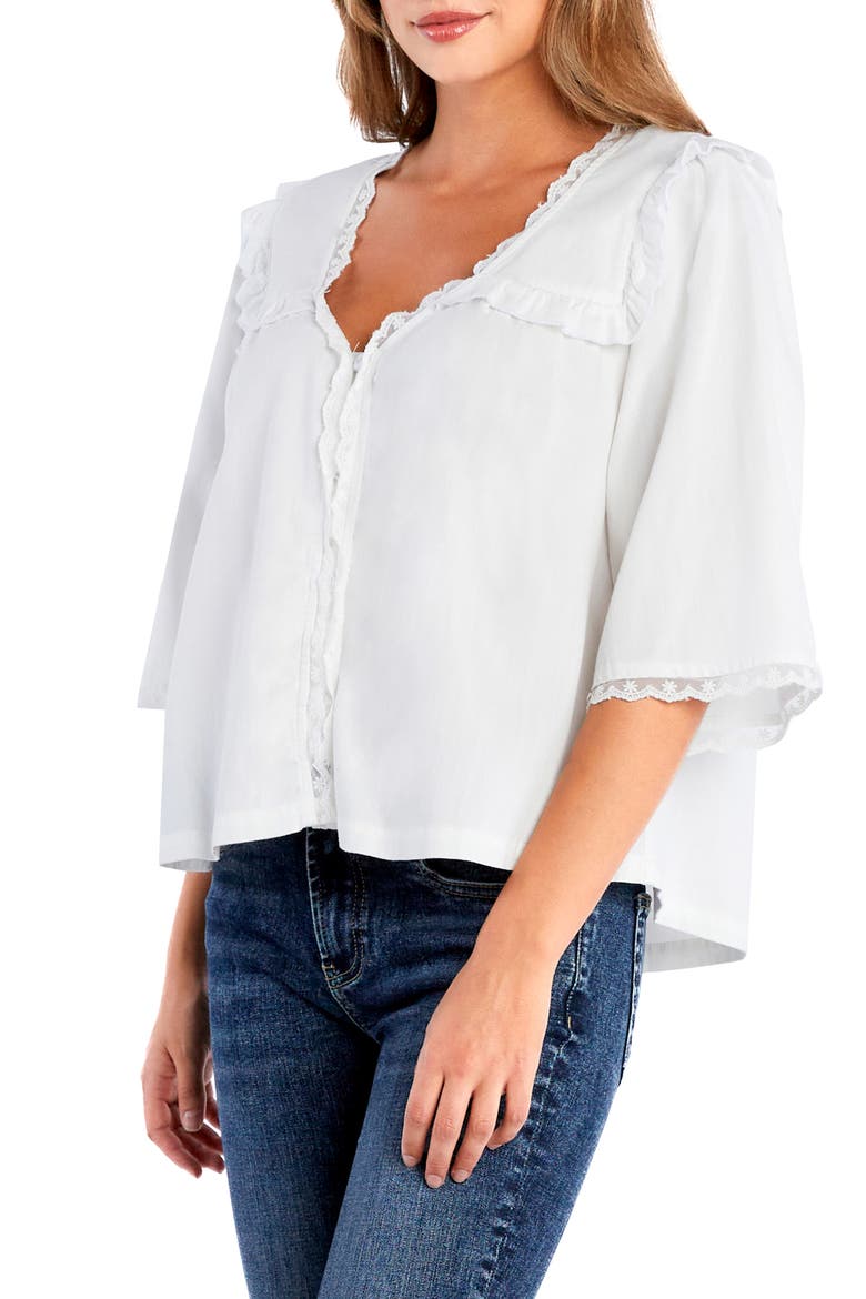Juliet Lace & Ruffle Cotton Blend Top, Alternate, color, WHITE