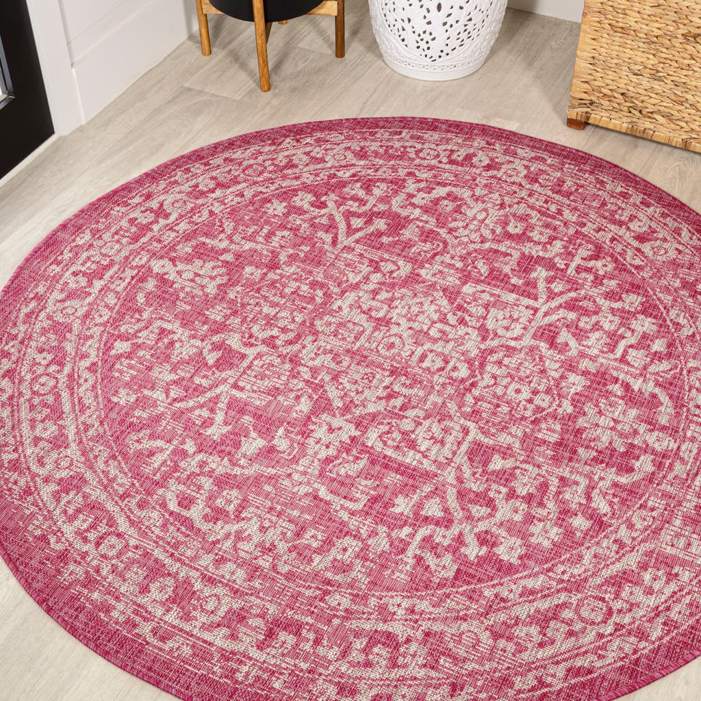 Jonathan Y Malta Bohemian Medallion Textured Weave Indoor/outdoor Round Area Rug In Fuchsia/light Gray