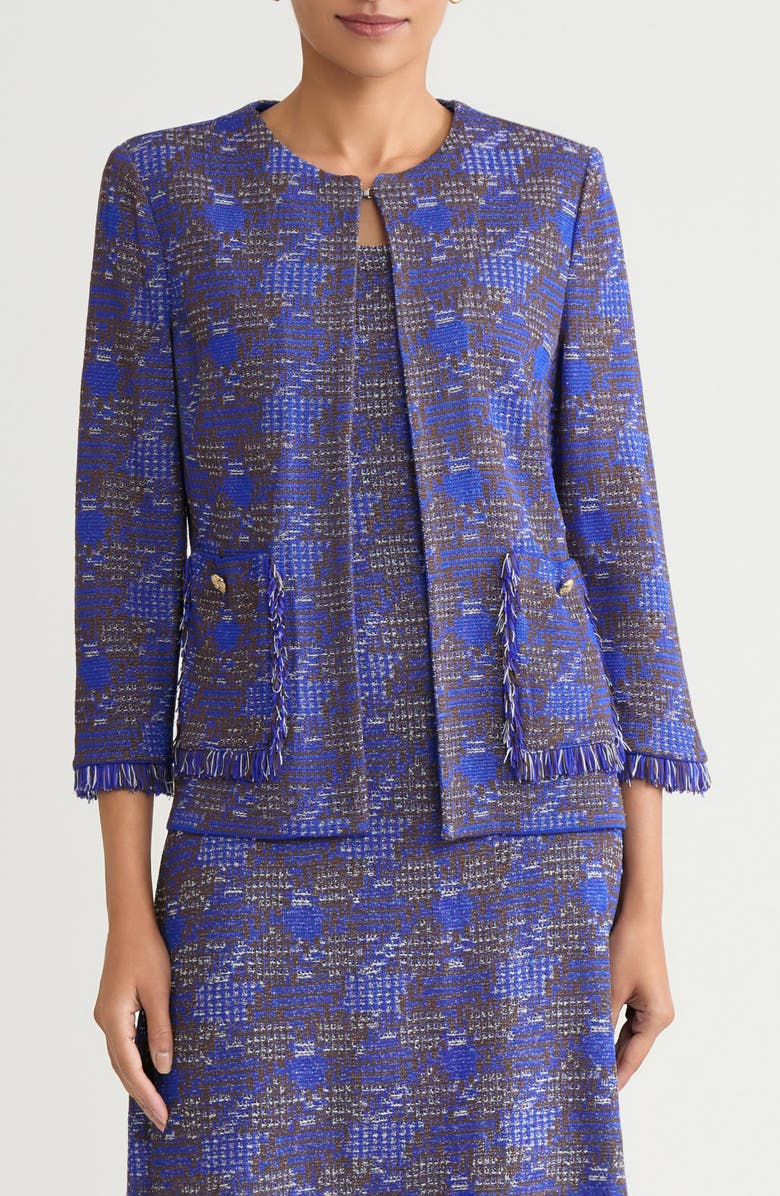 Ming Wang Fringe Trim Tweed Jacket, Main, color, Sapphire Sea/ Drk Umbr/ Ivy