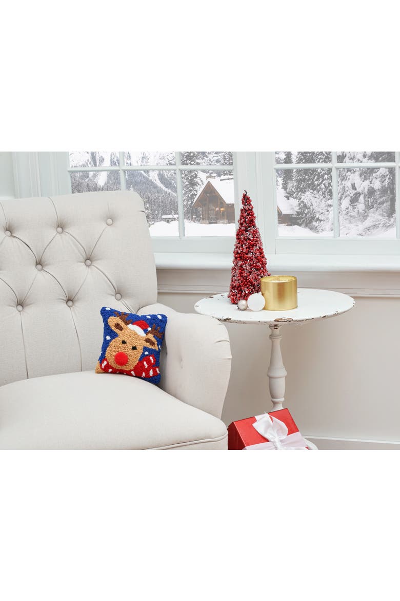 Reindeer w/ Santa Hat Hooked Christmas Mini Accent Pillow 8" x 8", Alternate, color, Blue