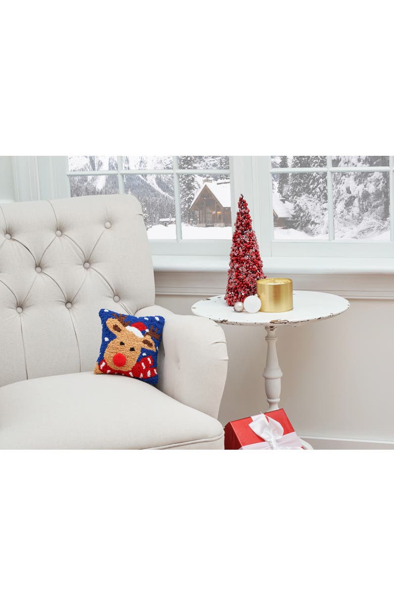 C&F Home Reindeer w/ Santa Hat Hooked Christmas Mini Accent Pillow 8" x 8", Alternate, color, Blue